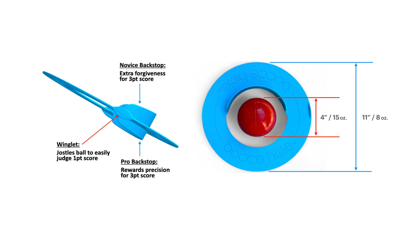 Diagram of a bocce hole rings with labeled parts and measurements on a white background