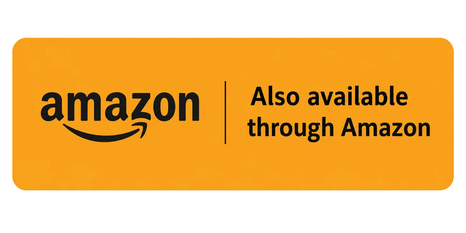 Amazon logo on an orange background with text 'Also available through Amazon'.