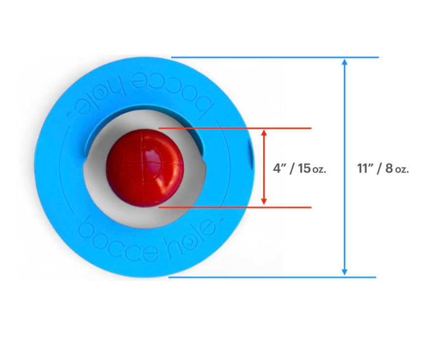 Blue scoring ring and red bocce ball with measurements on a white background