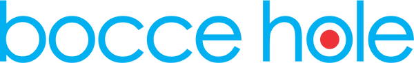 Bocce Hole logo with blue text and a red dot on a transparent background
